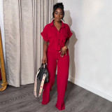 EVE Solid Color Short Sleeve Shirt Loose Pants Suit GCNE-7043