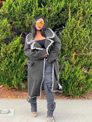 EVE Lapel Neck Holes Denim Long Coat MTY-6888