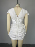 EVE V Neck Short Sleeve Patchwork Pleated Mini Dress GCNE-7428