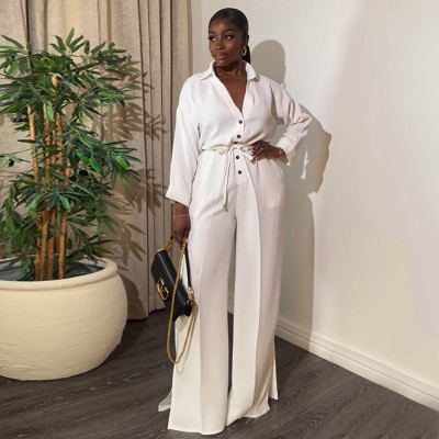 EVE Solid Color Long Sleeve Buttoned Wide Leg Jumpsuit GCNE-7469