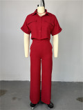 EVE Solid Color Short Sleeve Shirt Loose Pants Suit GCNE-7043