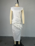 EVE Short Sleeve Solid Color Drawstring Raw Edge Long Dress GCNE-7282