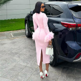 EVE Long Sleeve Feather Splicing Midi Dress GCNE-7652