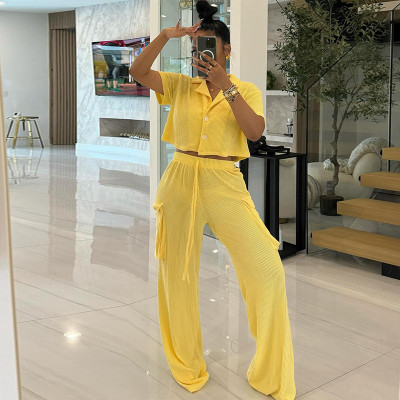 EVE Solid Color Short Sleeve Shirt Pants Suit GCNE-7627