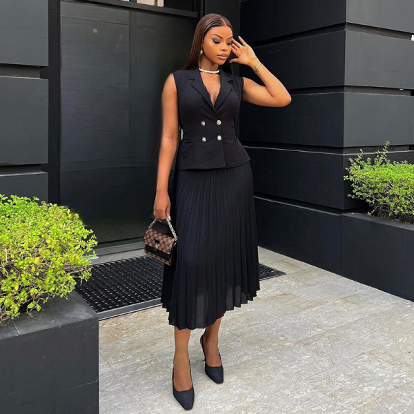 EVE Suit Collar Double Breasted Vest Top Pleated Skirt Set GCNE-7309