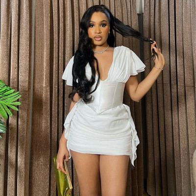 EVE V Neck Short Sleeve Patchwork Pleated Mini Dress GCNE-7428