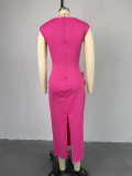 EVE Short Sleeve Solid Color Drawstring Raw Edge Long Dress GCNE-7282