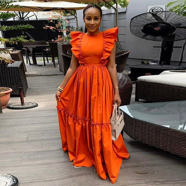 EVE Solid Color Ruflles Short Sleeve Maxi Dress GCNE-7449