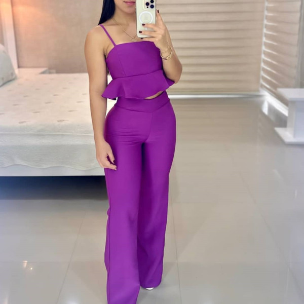 EVE Suspender Ruffle High Waisted Straight Pants Set GCNE-3057