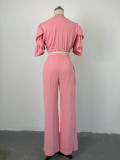 EVE V Neck Flare Sleeve Tie Up Tops Loose Two Piece Pants Set GCNE-6851