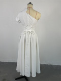 EVE Slash Neck Short Sleeve Solid Midi Dress GCNE-7064