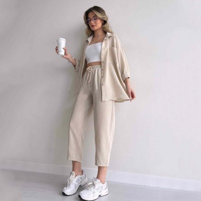 EVE Solid Color Loose Shirt Two Piece Pants Set GCNE-5065