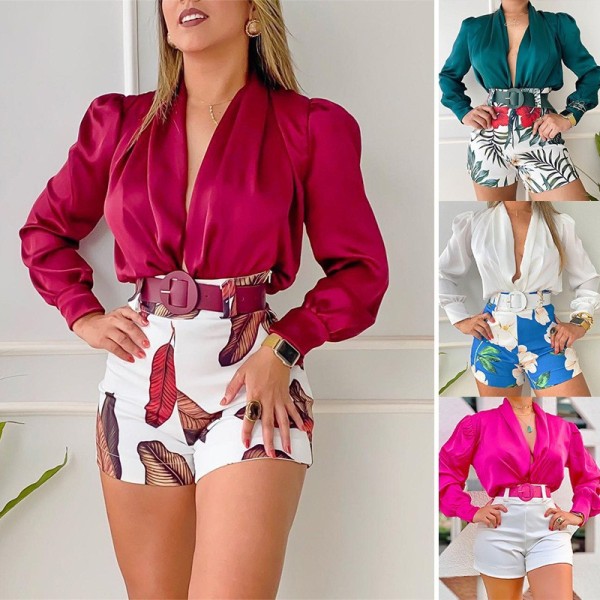 EVE V Neck Color Block Print Two Piece Shorts Set(With Belt) GCNE-8265