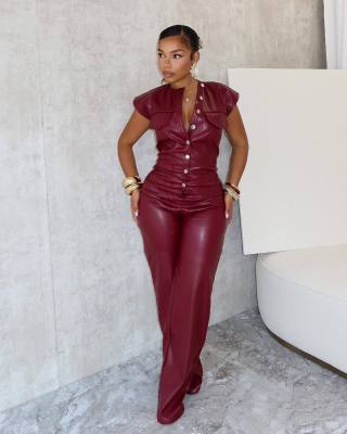 EVE Fashion Sleeveless PU Leather Jumpsuit OLYF-6163