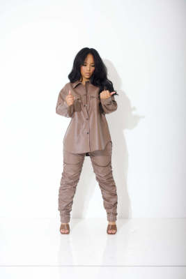 EVE Long Sleeve Solid Color PU Leather Two Piece Pants Set OLYF-6162