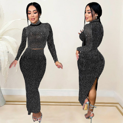 EVE Hot Drill Long Sleeve Two Piece Skirt Set BY-7093