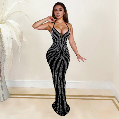 EVE Sexy Sling Hot Drill Backless Maxi Dress BY-7099