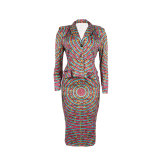 EVE Long Sleeve Print Blazer Two Piece Skirt Set NY-10907