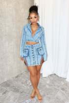 EVE Fashion Long Sleeve Denim Two Piece Skirt Set LX-6032