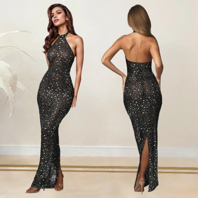 EVE Hot Drill Hang Neck Backless Maxi Dress BY-7108