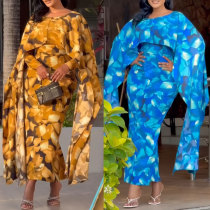 EVE Plus Size Printed Fly Sleeve Split Maxi Dress NY-10916
