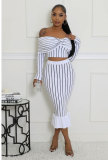 EVE Stripe Print Off Shoulder Two Piece Skirt Set XHXF-8711