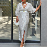EVE Plus Size V Neck Sequin Long Dress GATE-540