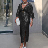 EVE Plus Size V Neck Sequin Long Dress GATE-540