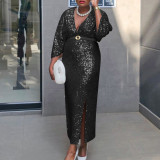 EVE Plus Size V Neck Sequin Long Dress GATE-540