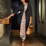 EVE Fashion Print Patchwork 3/4 Sleeve Midi Dress GATE-539
