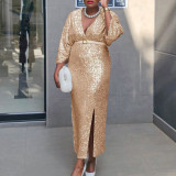 EVE Plus Size V Neck Sequin Long Dress GATE-540