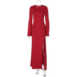 EVE Long Sleeve Solid Color Split Maxi Dress BLG-D4817507K