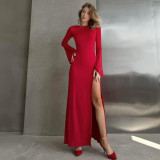 EVE Long Sleeve Solid Color Split Maxi Dress BLG-D4817507K