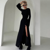 EVE Long Sleeve Solid Color Split Maxi Dress BLG-D4817507K