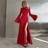 EVE Long Sleeve Solid Color Split Maxi Dress BLG-D4817507K
