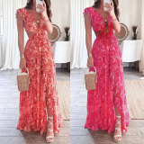 EVE Plus Size Wrap Chest Print V Neck Split Maxi Dress GRST-24317