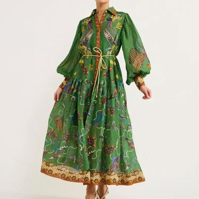 EVE Plus Size Vintage Printed Lantern Sleeve Tie Up Maxi Dress GRST-25110