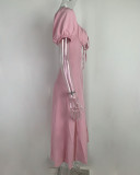 EVE Bubble Sleeve Solid Color Tie Split Midi Dress GRST-8141