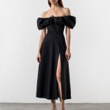 EVE Bubble Sleeve Solid Color Tie Split Midi Dress GRST-8141