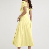 EVE Bubble Sleeve Solid Color Tie Split Midi Dress GRST-8141