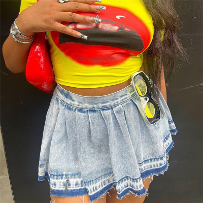 EVE Fashion Washed Pleated Denim Skirt GWSI-1021