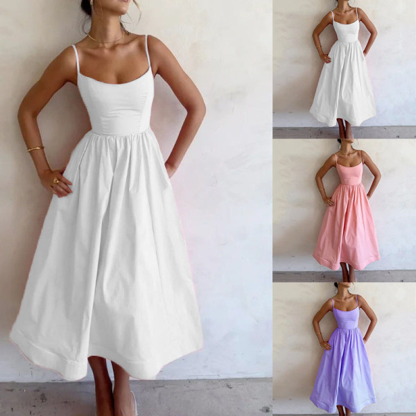 EVE Plus Size Solid Color Sling Big Swing Maxi Dress GRST-24330