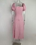 EVE Bubble Sleeve Solid Color Tie Split Midi Dress GRST-8141