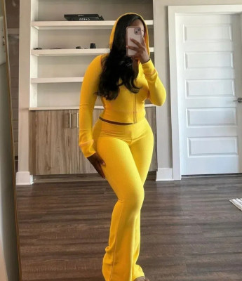 EVE Rib Zipper Hooded Flare Pants Two Piece Set LSD-2277