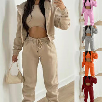 Solid Color Hooded Sweatshirt Sport 2 Piece Set GRST-8864