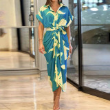EVE Plus Size Lapel Neck Print Shirt Dress GRST-8651-22037