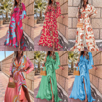 EVE Plus Size Fashion Print Loose Tie Up Maxi Dress GRST-21383