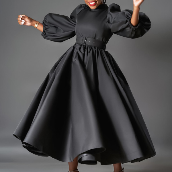 EVE Plus Size Color Bubble Sleeve Big Swing Midi Dress GCZF-491-C1