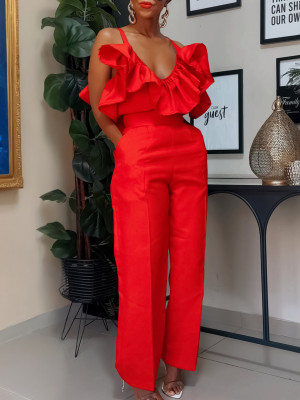 EVE Plus Size V Neck Solid Color Ruffles Two Piece Pants Set GCZF-8579