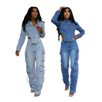 EVE Casual Washed Denim Irregular Two Piece Pants Set TR-1318